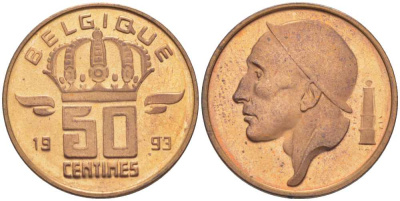 БЕЛЬГИЯ 50 САНТИМОВ 1993 BELGIE, БОДУЭН I (1951-1993) KM 149.1 бронза 214-657