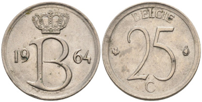Бельгия 25 сантимов 1964 Belgie, Бодуэн I (1951-1993) KM 154.1 медно-никель 4564-928