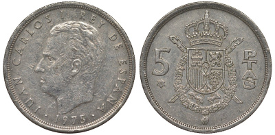 Испания 5 песет 1975 (76) Хуан Карлос I (1975-2001) KM 807 медно-никель 4128-1011