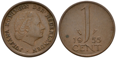 Нидерланды 1 цент 1955 Юлиана (1949-1980) KM 180 бронза    4598-161
