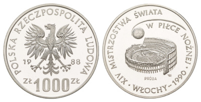 Польша 1000 злотых 1988 Чемпионат Мира по футболу 1990, PROBA, тираж 7.000 экзкемпляров Y Pr581 серебро PROOF 1083-3-11