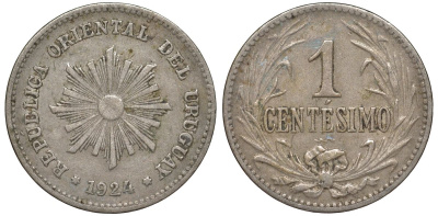 Уругвай 1 сентесимо 1924 KM 19 медно-никель 3955-1213