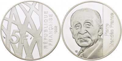 Франция 5 франков 1992 Пьер Мендес-Франс KM 1006a серебро PROOF 1077-7-64