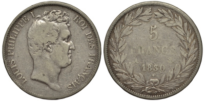 Франция 5 франков 1830 А, Луи Филипп I KM 735.1 серебро    1530-1012