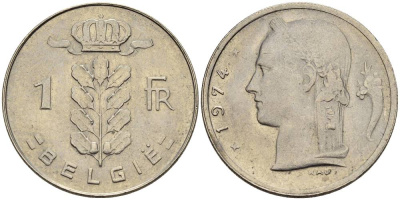 БЕЛЬГИЯ 1 ФРАНК 1974 BELGIE KM 143.1 медно-никель 4546-422