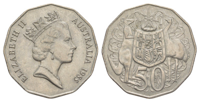 Австралия 50 центов 1985 редкий год, Елизавета II (1952-2022), герб Австралии, кенгуру KM 83 медно-никель 4381-144