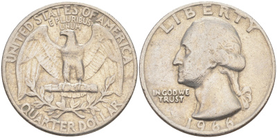 США 25 центов (квотер) 1966 Вашингтон KM 164a медь плакированная медно-никелем 08-1151
