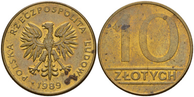 Польша 10 злотых 1989 MW KM 152.2 латунь    4161-127
