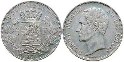 Бельгия 5 франков 1850 Леопольд I (1831-1865) KM 17 серебро 00-1067-9-51