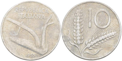 Италия 10 лир 1953 R, плуг, колосья KM 93 алюминий 4523-642
