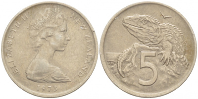 Новая Зеландия 5 центов 1973 Елизавета II (1952-2022), ящерица гаттерия KM 34.1 медно-никель 214-851