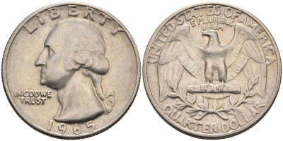 США 25 центов (квотер) 1965 Вашингтон KM 164a медь плакированная медно-никелем 4584-947
