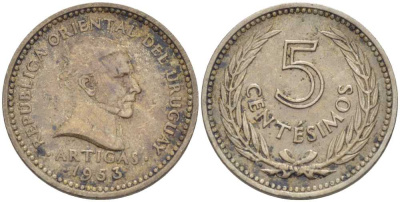 УРУГВАЙ 5 СЕНТЕСИМО 1953 ХОСЕ ХЕРВАСИО АРТИГАС KM 34 медно-никель 57-544