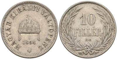 Венгрия 10 филлеров 1894 KB, Франц Иосиф I (1848-1916) KM 482 никель 4151-1067