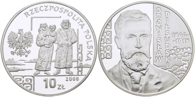 Польша 10 злотых 2008 серия польские путешественники, Бронислав Пилсудский (1866-1918) KM 649 серебро PROOF 1096-3-51