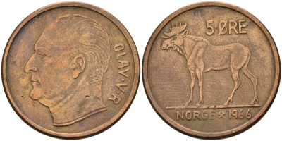 Норвегия 5 эре 1966 KM 405 бронза 4148-244