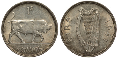 ИРЛАНДИЯ 1 ШИЛЛИНГ 1941 БЫК KM 14 серебро 272-224