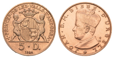 Андорра 5 динеров 1984 KM 16 медь BU 413-4143