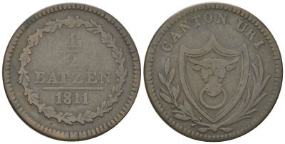 Швейцарские кантоны 1/2 батцена 1811 кантон Ури KM 41 серебро    4584-125
