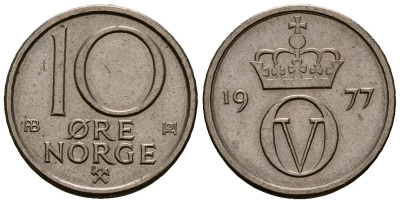Норвегия 10 эре 1977 Улаф V (1957-1991) KM 416 медно-никель 4173-741