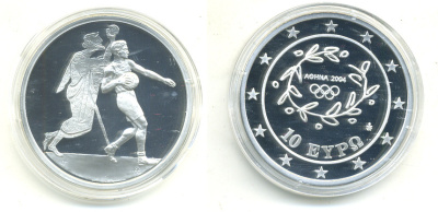 Греция 10 евро 2004 XXVIII летние Олимпийские игры 2004 года в Афинах, гандбол KM 205 серебро PROOF 02-104-25