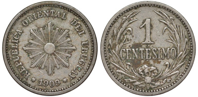Уругвай 1 сентесимо 1909 KM 19 медно-никель 4169-626