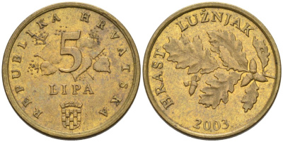 Хорватия 5 лип 2003 дуб, легенда на хорватском KM 5 сталь плакированная латунью 4567-753