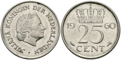 НИДЕРЛАНДЫ 25 ЦЕНТОВ 1960 ЮЛИАНА KM 183 никель 96-143