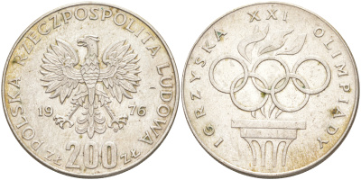 Польша 200 злотых 1976 MW, XXI олимпийские игры 1976 года в Монреале, кольца KM 86, Parchimowicz 306а серебро 4111-412