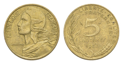 Франция 5 сантимов 1982 тип Morlon KM 933, Le Franc 125.18 алюминиевая бронза 4630-338