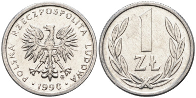 Польша 1 злотый 1990 MW, Народная Республика KM 49.3, Parchimowicz 215b алюминий UNC 4580-728