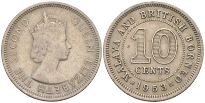 Малайя и Британское Борнео 10 центов 1953 Елизавета II (1952-2022) KM 2 медно-никель 187-321