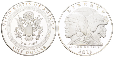 США 1 доллар 2011 P, Армия США, в оригинальной упаковке, с сертификатом KM 507 серебро PROOF 8-2-05-02