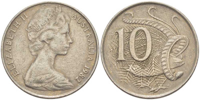 Австралия 10 центов 1982 Елизавета II (1952-2022), птица лирахвост KM 65 медно-никель 4622-325