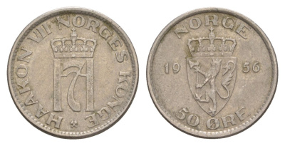 Норвегия 50 эре 1956 Хокон VII (1905-1957) KM 402 медно-никель 4635-421