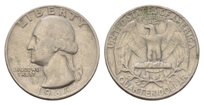 США 25 центов (квотер, 1/4 доллара) 1966 Вашингтон KM 164a медь плакированная медно-никелем 202-136
