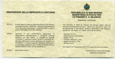 Сан-Марино 5 евро 2012 500 лет со дня смерти Америго Веспуччи, коробка, сертификат SM 160 серебро PROOF 2-5-2-6