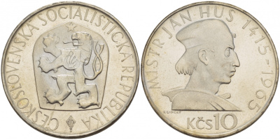 Чехословакия 10 крон 1965 550 лет со дня смерти Яна Гуса KM 58 серебро PROOF 00-00