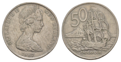 Новая Зеландия 50 центов 1967 Елизавета II (1952-2022), парусник Индевор KM 37.1 медно-никель 4653-1026