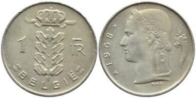 БЕЛЬГИЯ 1 ФРАНК 1968 BELGIE KM 143.1 медно-никель 4388-1142