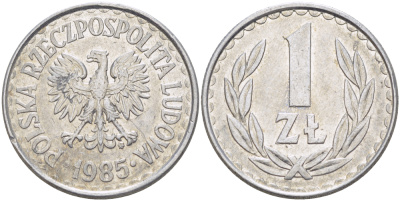 Польша 1 злотый 1985 MW, Народная Республика KM 49.1, Parchimowicz 213x алюминий 216-842