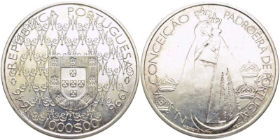 Португалия 1000 эскудо 1996 Дева Мария - Покровительница Португалии KM 696 серебро 1521-1343