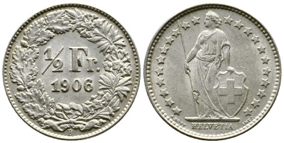 Швейцария 1/2 франка 1906 В KM 23 серебро UNC 46-922
