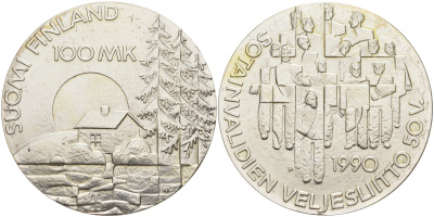 Финляндия 100 марок 1990 50 лет ассоциации ветеранов войны KM 67 серебро UNC 1523-644