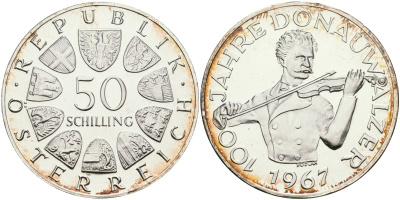 Австрия 50 шиллингов 1967 100 лет Дунайскому вальсу KM 2902 серебро PROOF 1080-8-33