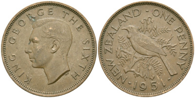 Новая Зеландия 1 пенни 1951 Георг VI (1936-1952), новозеландский туи KM 21 бронза 4536-345