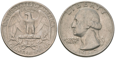 США 25 центов (квотер) 1967 Вашингтон KM 164a медь плакированная медно-никелем 4601-1111