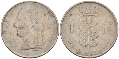 БЕЛЬГИЯ 1 ФРАНК 1955 BELGIQUE KM 142.1 медно-никель 4563-1215
