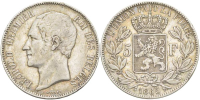 Бельгия 5 франков 1865 Леопольд I (1831-1865) KM 17 серебро 4184-611