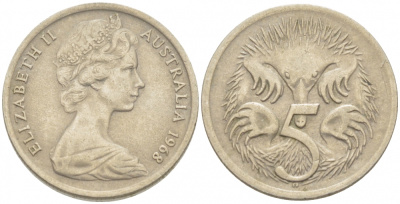АВСТРАЛИЯ 5 ЦЕНТОВ 1968 ЕЛИЗАВЕТА II, МОЛОДОЙ ПОРТРЕТ, ЕХИДНА KM 64 медно-никель 3851-1122